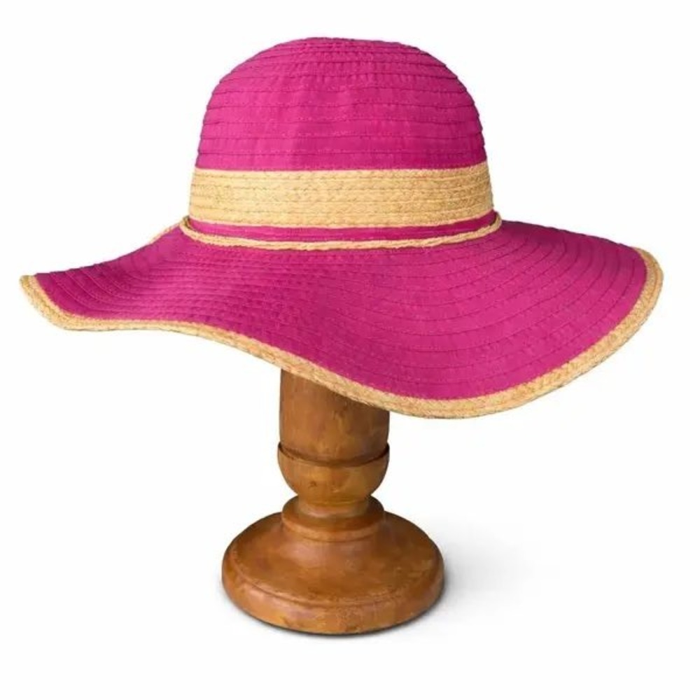 Tropical Trends Sun Hat Fuchsia Pink Raffia Trim Wide Brim Resort Beachwear Boho